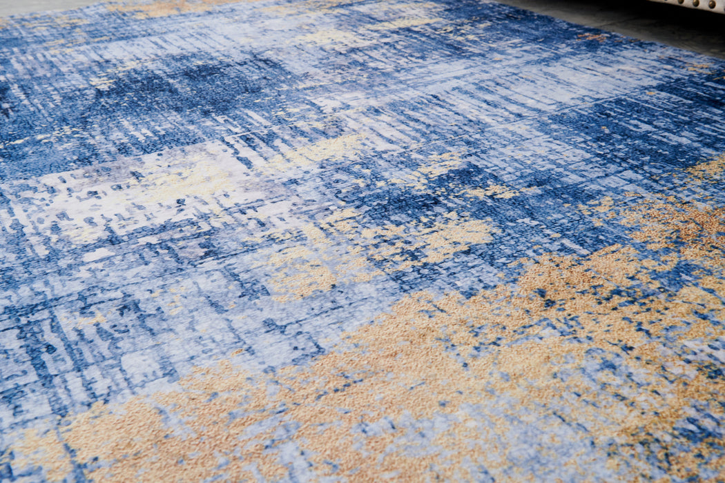 4' X 6' Blue and Gold Abstract Washable Non Skid Area Rug