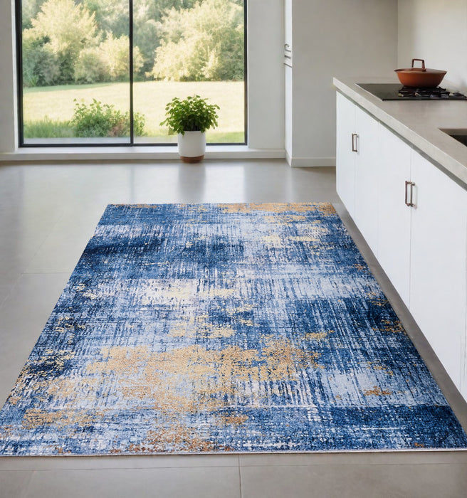 2' X 3' Blue and Gold Abstract Printed Washable Non Skid Area Rug