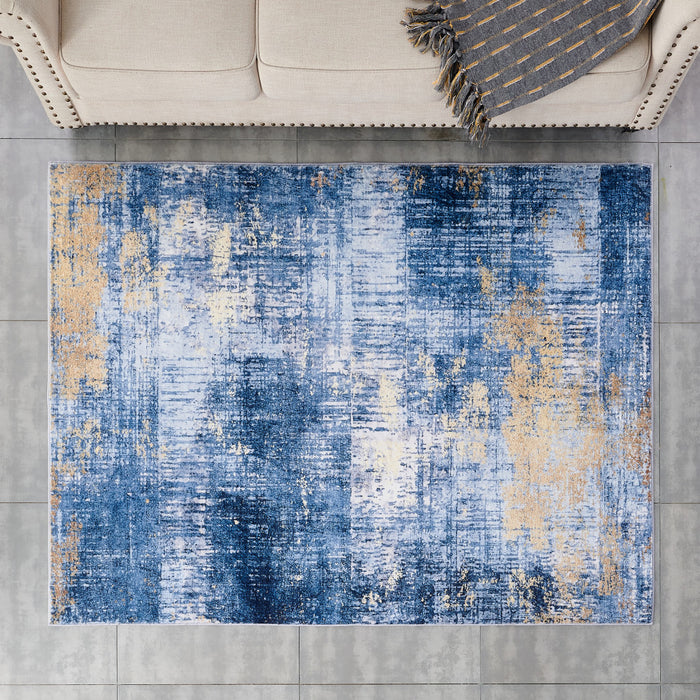 2' X 3' Blue and Gold Abstract Printed Washable Non Skid Area Rug