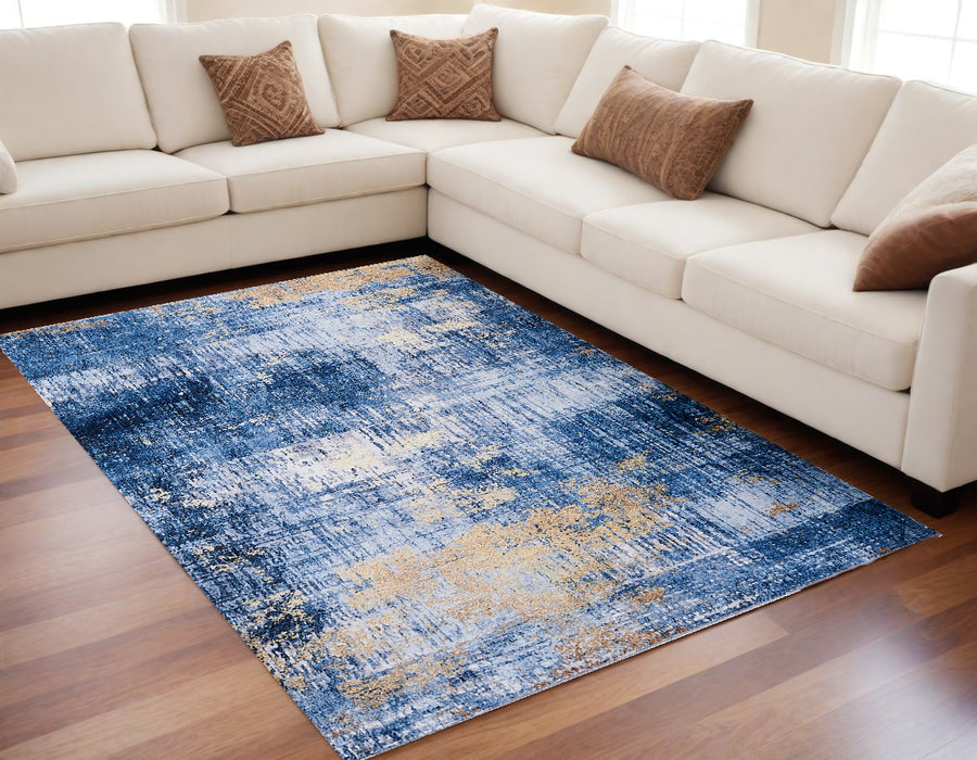 2' X 3' Blue and Gold Abstract Printed Washable Non Skid Area Rug