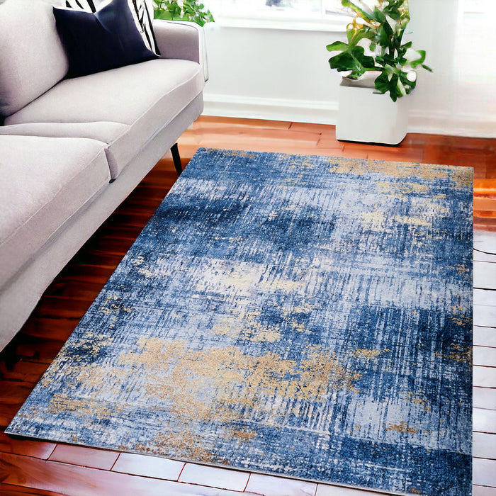 2' X 3' Blue and Gold Abstract Printed Washable Non Skid Area Rug