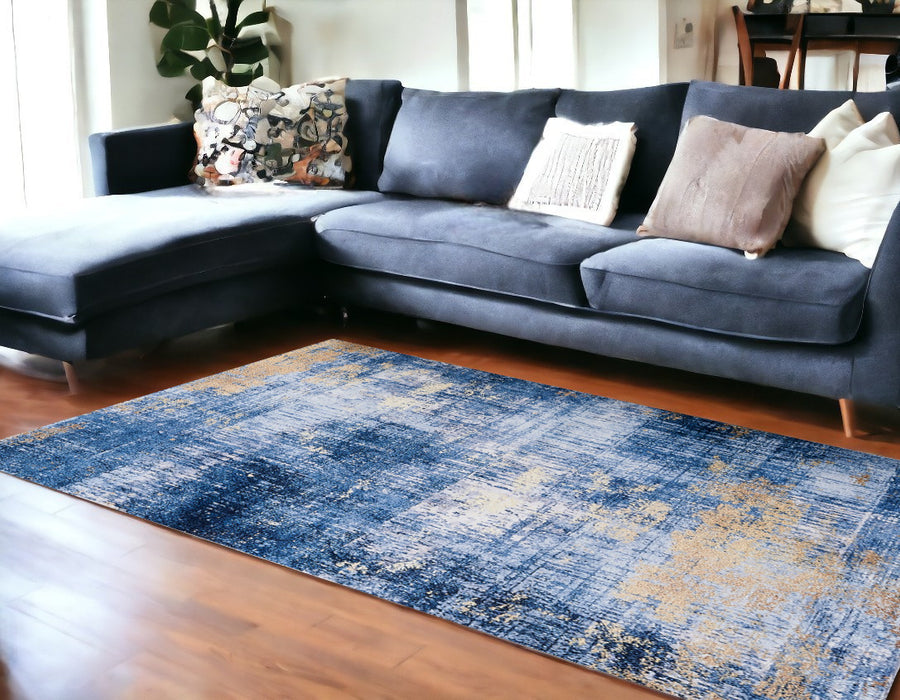 2' X 3' Blue and Gold Abstract Printed Washable Non Skid Area Rug