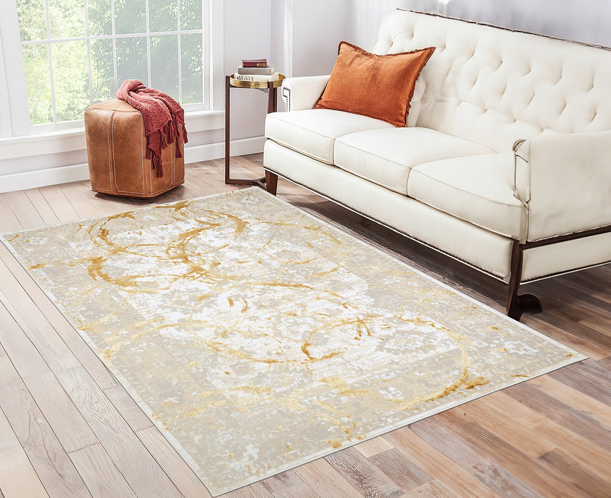 5' X 8' Beige and Gold Abstract Area Rug