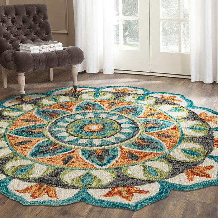 5' Blue and Ivory Round Wool Floral Hand Tufted Area Rug