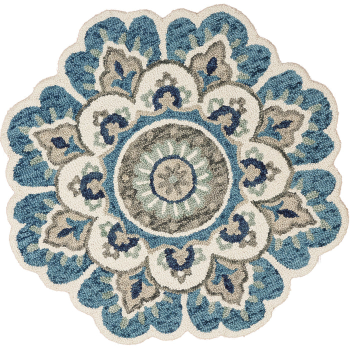 4' Orange and Blue Round Wool Floral Hand Tufted Area Rug