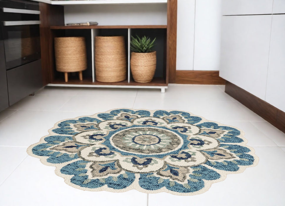 4' Orange and Blue Round Wool Floral Hand Tufted Area Rug