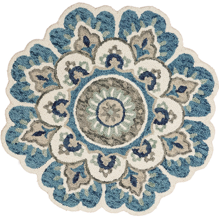 4' Orange and Blue Round Wool Floral Hand Tufted Area Rug