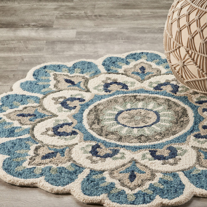 4' Orange and Blue Round Wool Floral Hand Tufted Area Rug