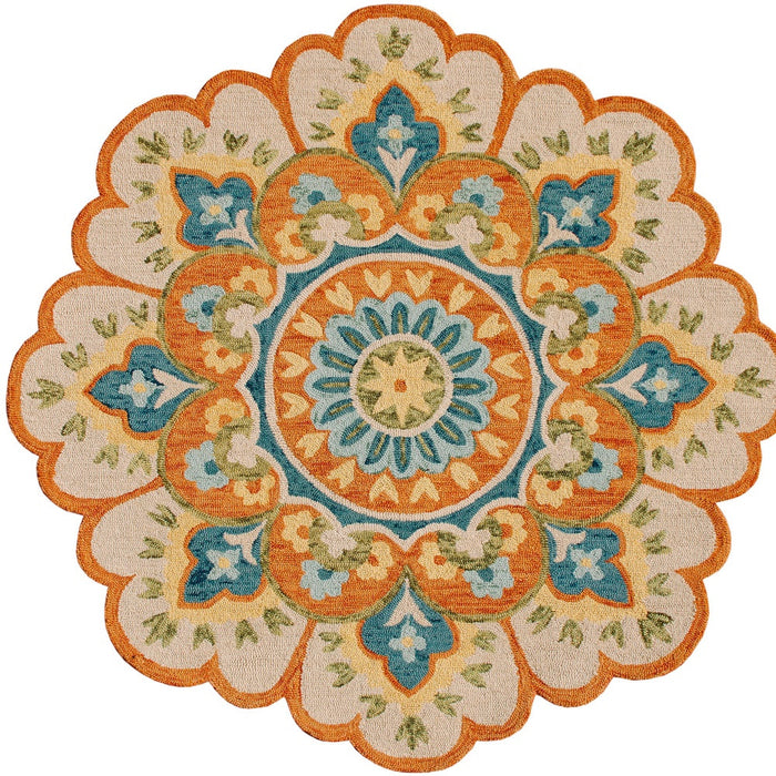 4' Orange and Blue Round Wool Floral Hand Tufted Area Rug