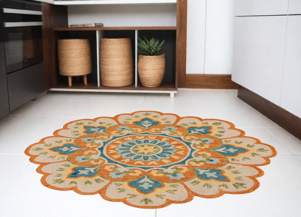 4' Orange and Blue Round Wool Floral Hand Tufted Area Rug