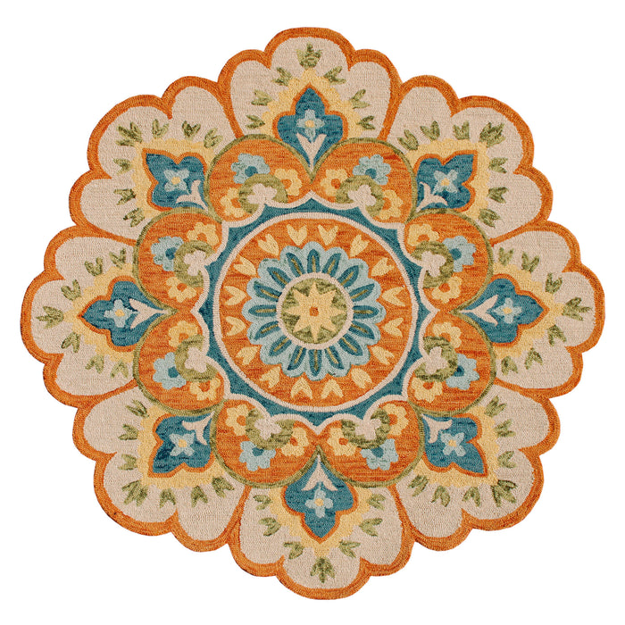 4' Orange and Blue Round Wool Floral Hand Tufted Area Rug