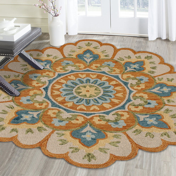 4' Orange and Blue Round Wool Floral Hand Tufted Area Rug