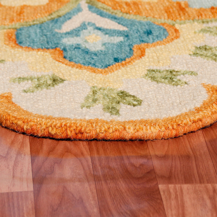 4' Orange and Blue Round Wool Floral Hand Tufted Area Rug