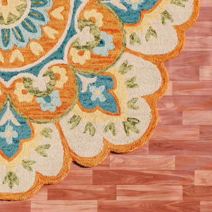 4' Orange and Blue Round Wool Floral Hand Tufted Area Rug