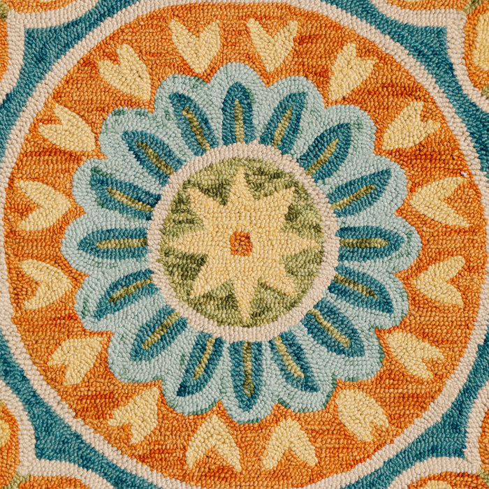 4' Orange and Blue Round Wool Floral Hand Tufted Area Rug