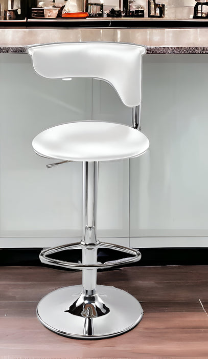 White And Silver Faux Leather And Metal Low Back Adjustable Height Bar Chair