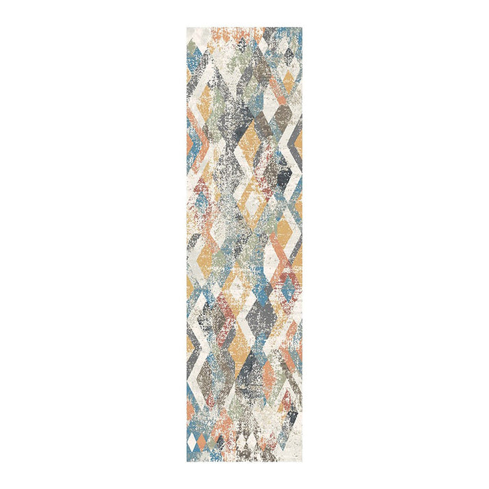 8' Beige Blue and Gray Geometric Distressed Runner Rug With Fringe