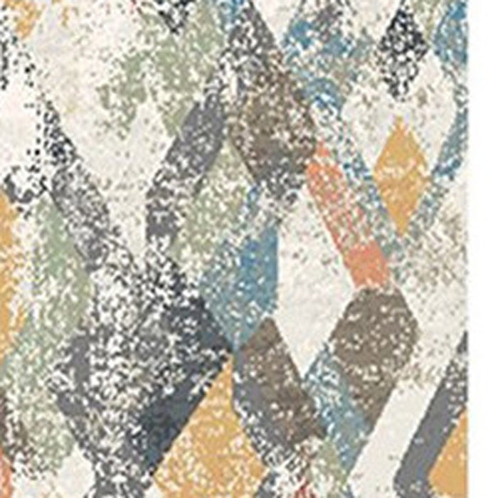 8' Beige Blue and Gray Geometric Distressed Runner Rug With Fringe