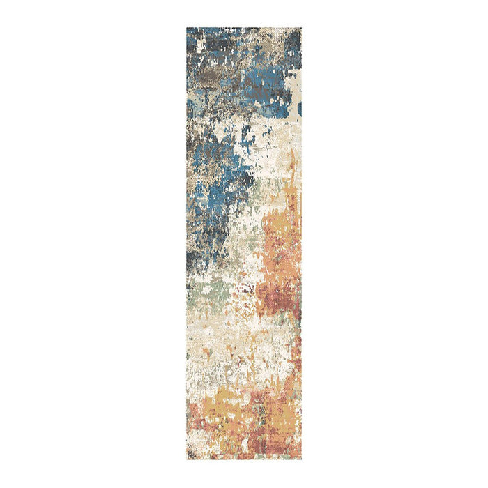 8' Beige Blue and Ivory Abstract Distressed Runner Rug With Fringe