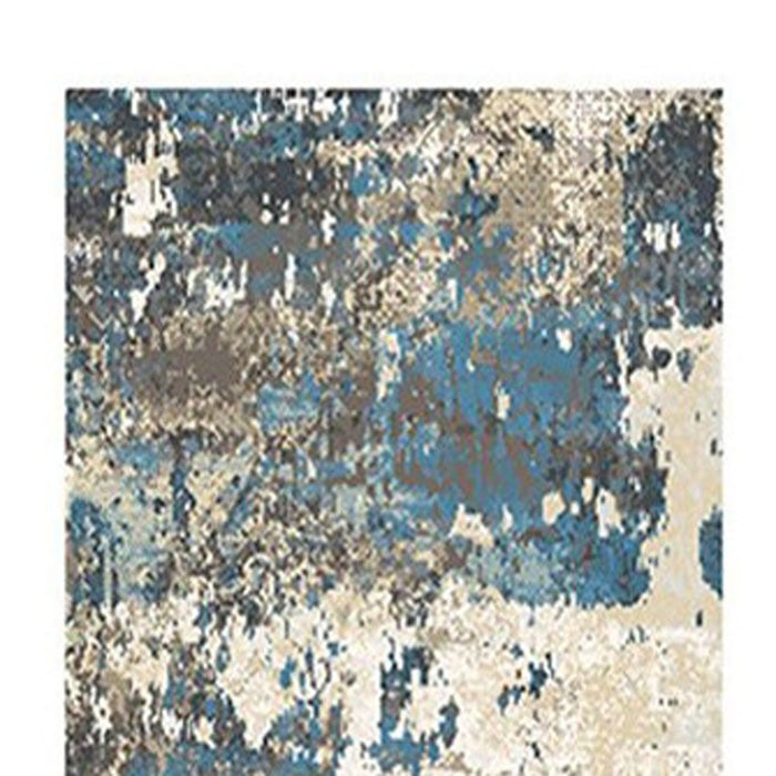 8' Beige Blue and Ivory Abstract Distressed Runner Rug With Fringe