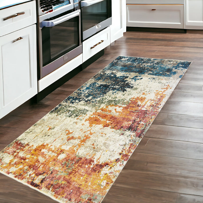 8' Beige Blue and Ivory Abstract Distressed Runner Rug With Fringe