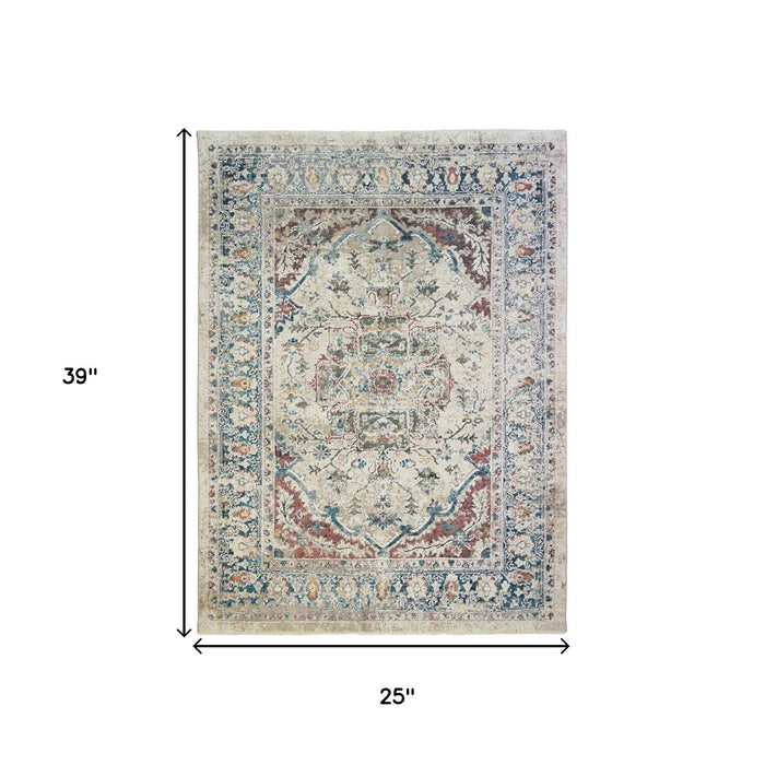 2' X 3' Ivory Blue and Gray Oriental Distressed Area Rug With Fringe