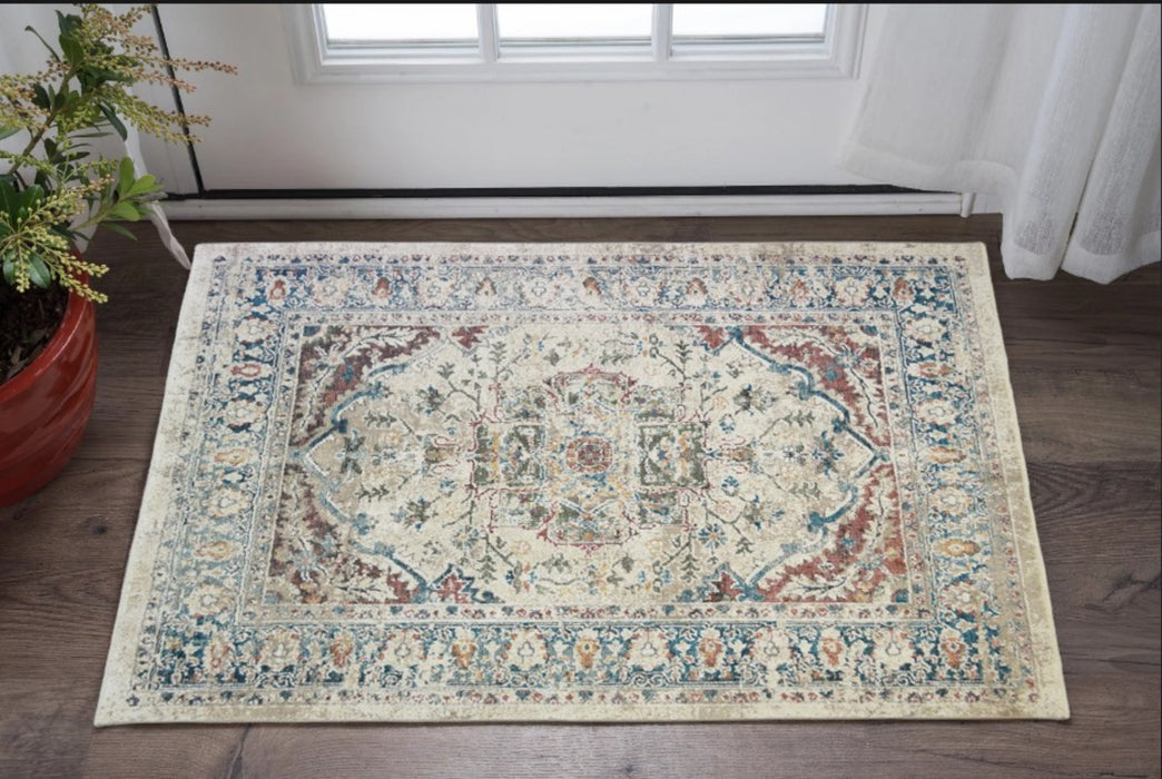 2' X 3' Ivory Blue and Gray Oriental Distressed Area Rug With Fringe