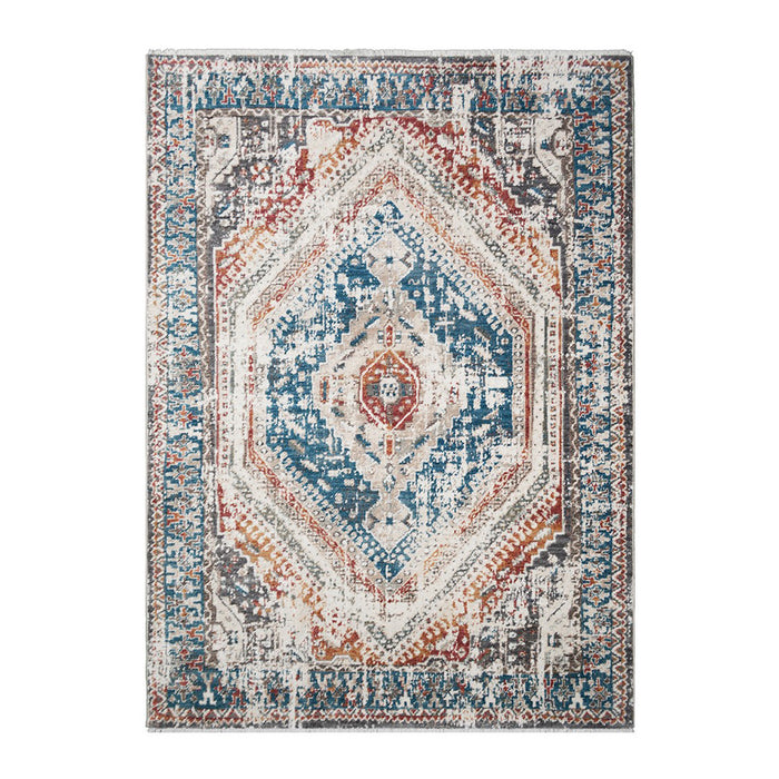 2' X 3' Teal Taupe and Rust Geometric Distressed Area Rug With Fringe