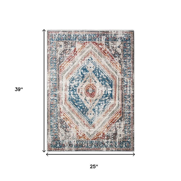 2' X 3' Teal Taupe and Rust Geometric Distressed Area Rug With Fringe