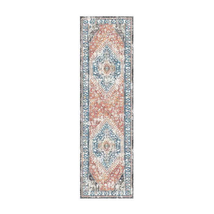 8' Teal Taupe and Rust Geometric Distressed Runner Rug With Fringe