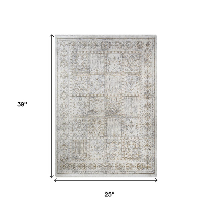 2' X 3' Ivory Oriental Distressed Area Rug With Fringe