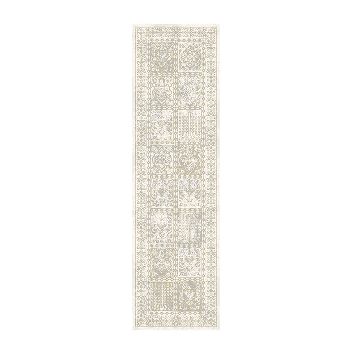 8' Ivory Oriental Distressed Runner Rug With Fringe