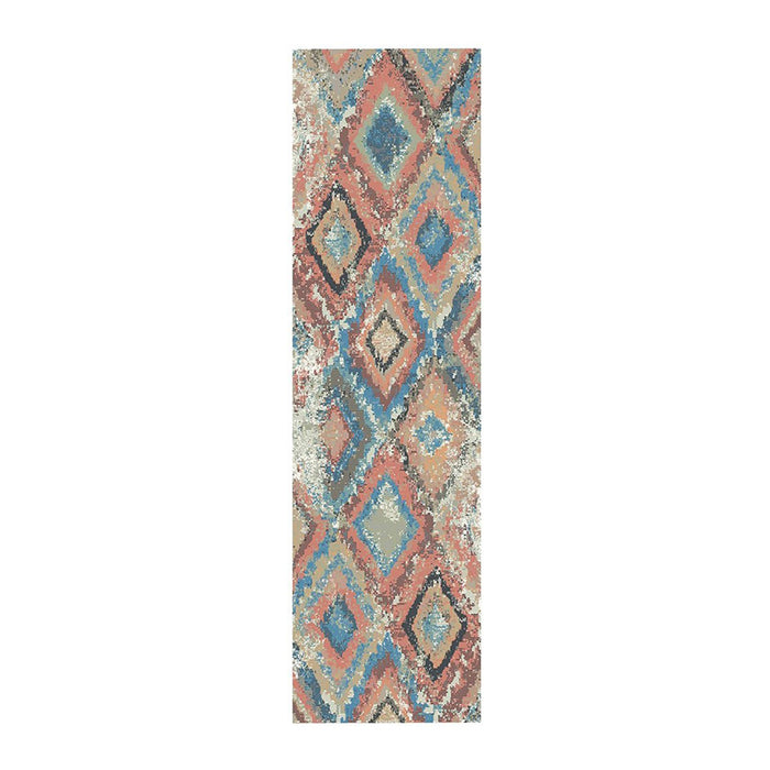 8' Blue Geometric Distressed Runner Rug With Fringe