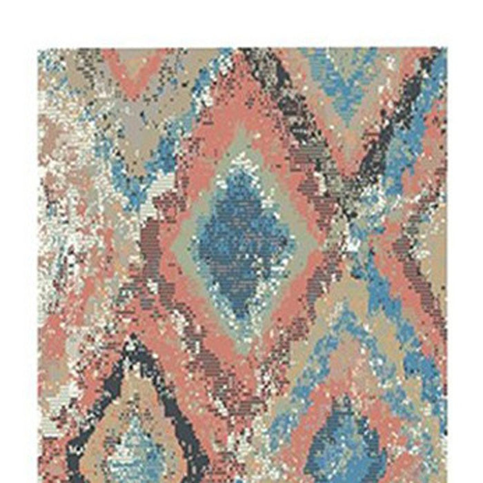 8' Blue Geometric Distressed Runner Rug With Fringe