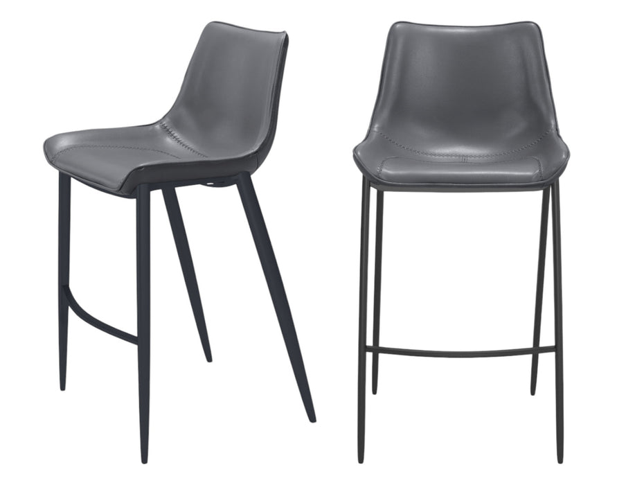 Set of Two 30" Dark Gray And Black Faux Leather And Steel Bar Height Bar Chairs