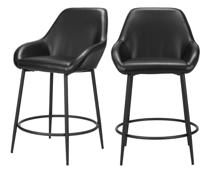 Set of Two 25" Black Faux Leather And Steel Counter Height Bar Chairs