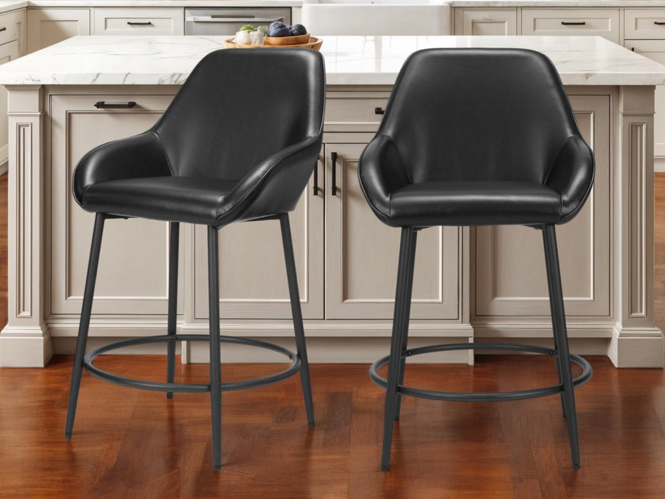 Set of Two 25" Black Faux Leather And Steel Counter Height Bar Chairs