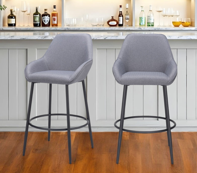 Set of Two 30" Gray And Black Fabric And Steel Bar Height Bar Chairs