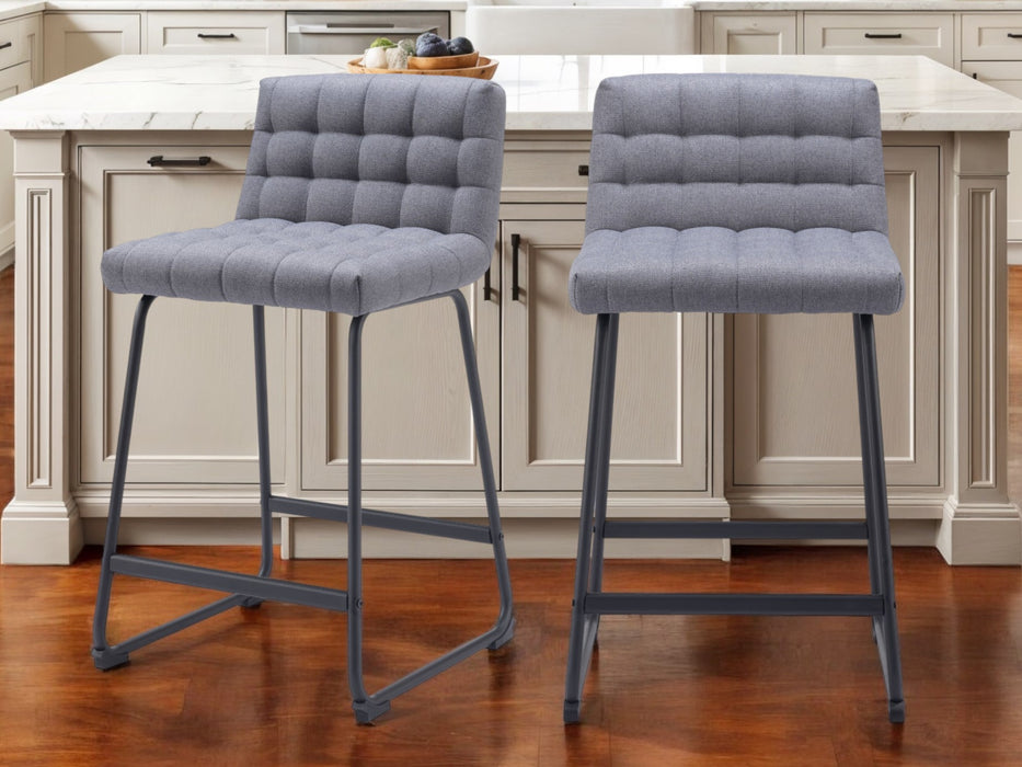 Set of Two 26" Gray And Black Fabric And Steel Counter Height Bar Chairs