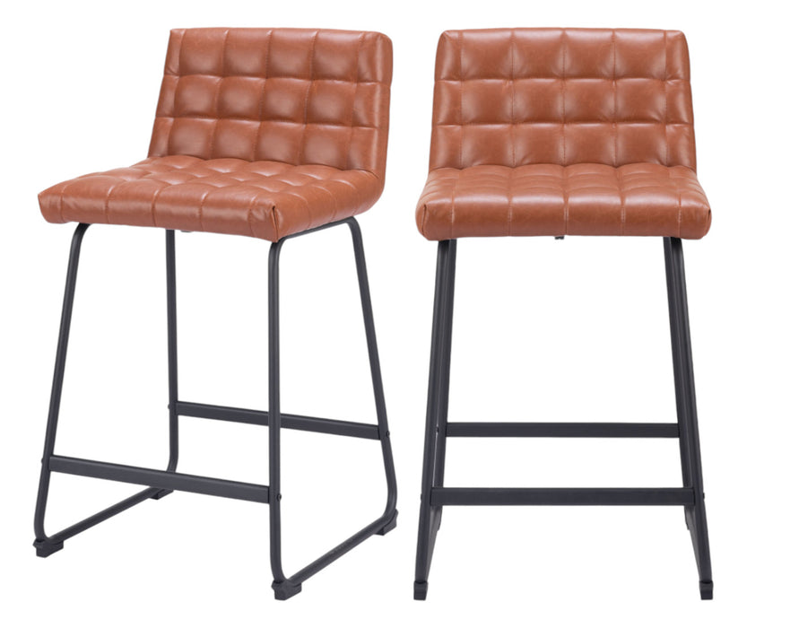 Set of Two 26" Brown And Black Faux Leather And Steel Counter Height Bar Chairs