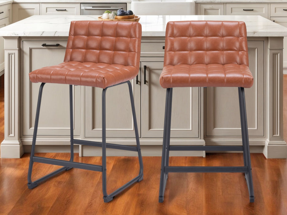 Set of Two 26" Brown And Black Faux Leather And Steel Counter Height Bar Chairs