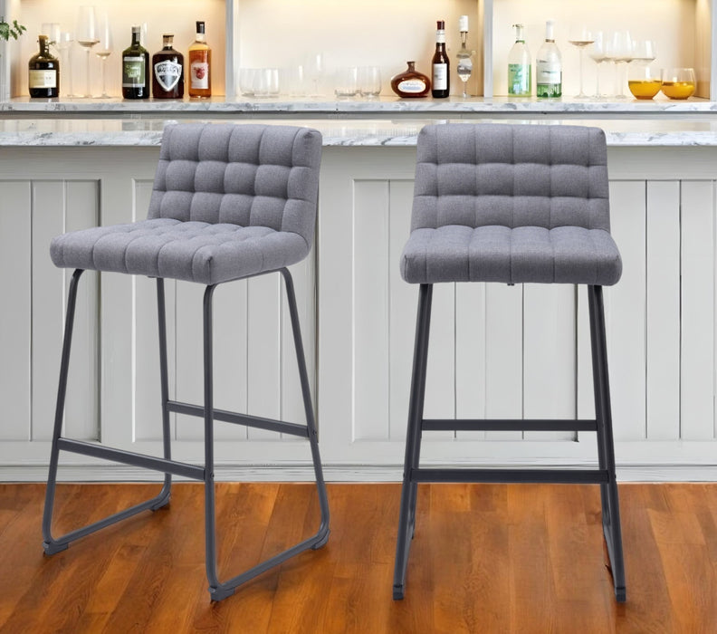 Set of Two 30" Gray And Black Fabric And Steel Bar Height Bar Chairs