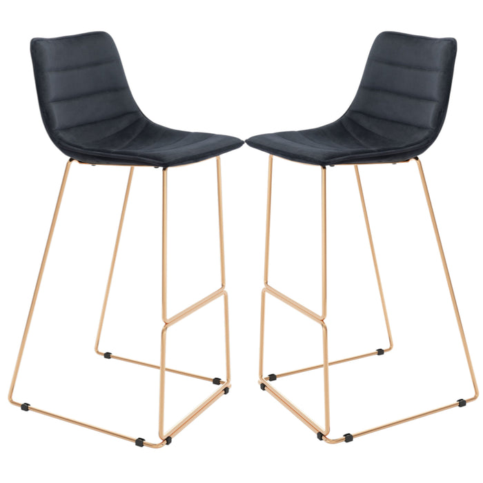 Set of Two 30" Black And Gold Velvet And Steel Bar Height Bar Chairs