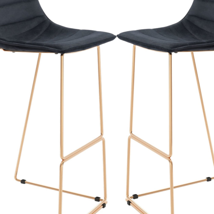 Set of Two 30" Black And Gold Velvet And Steel Bar Height Bar Chairs