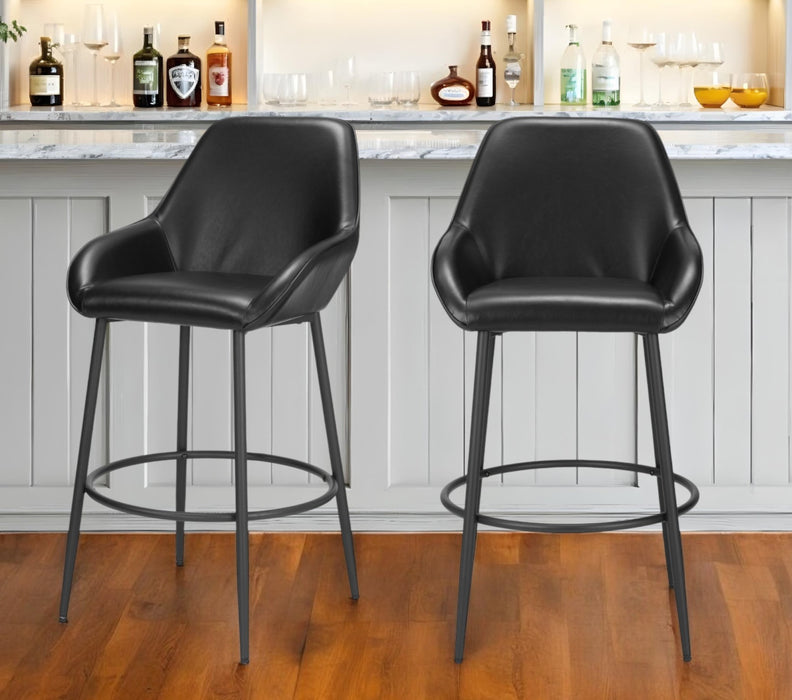 Set of Two 30" Black Faux Leather And Steel Bar Height Bar Chairs