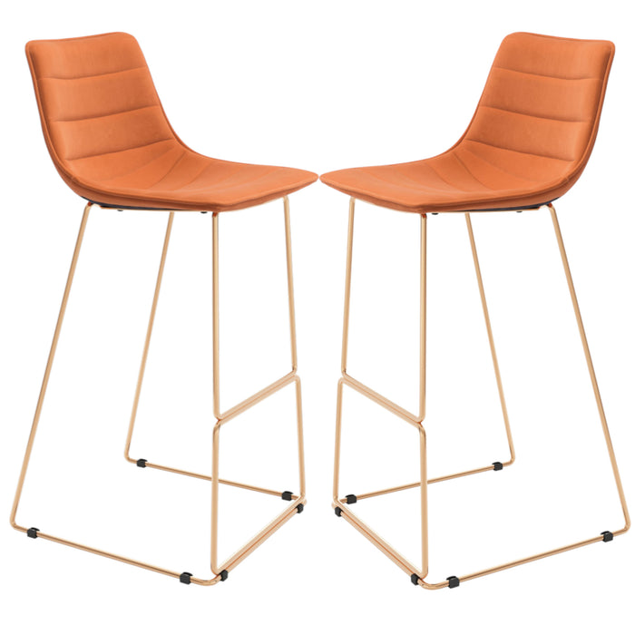 Set of Two 30" Orange And Gold Velvet And Steel Bar Height Bar Chairs