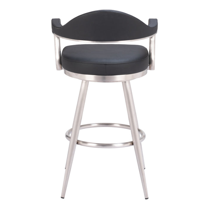 30" Black And Silver Faux Leather And Stainless Steel Bar Height Swivel Bar Chair