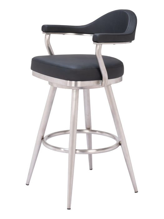 30" Black And Silver Faux Leather And Stainless Steel Bar Height Swivel Bar Chair