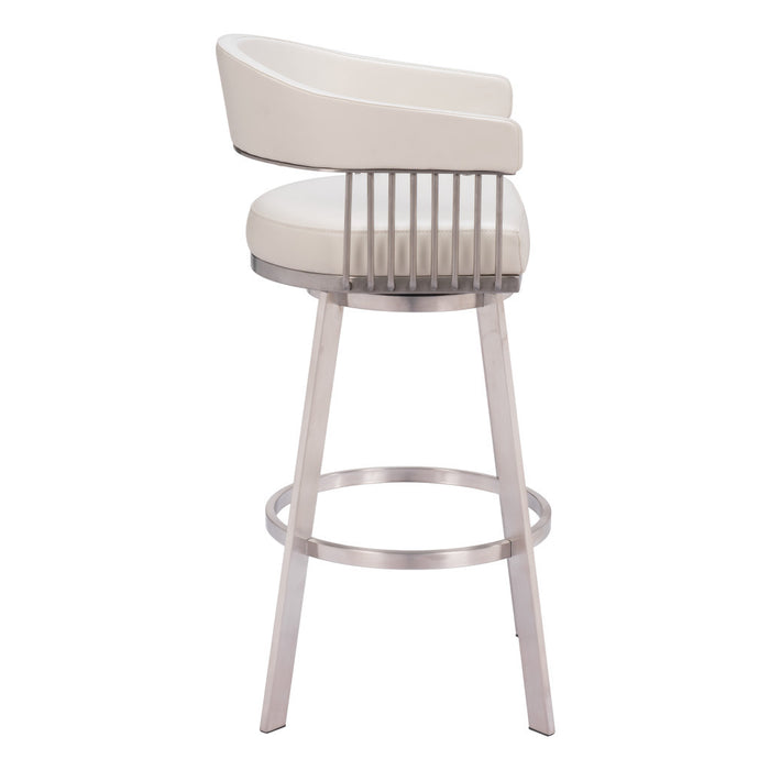 31" White And Silver Faux Leather And Stainless Steel Bar Height Swivel Bar Chair