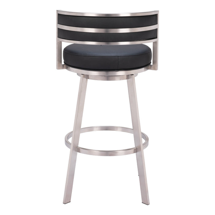 31" Black And Silver Faux Leather And Stainless Steel Low Back Bar Height Swivel Bar Chair